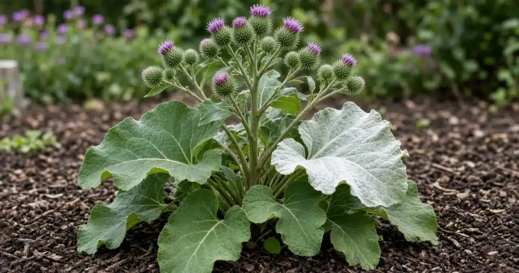 Common burdock with large leaves and purple burr flowers in a garden bed