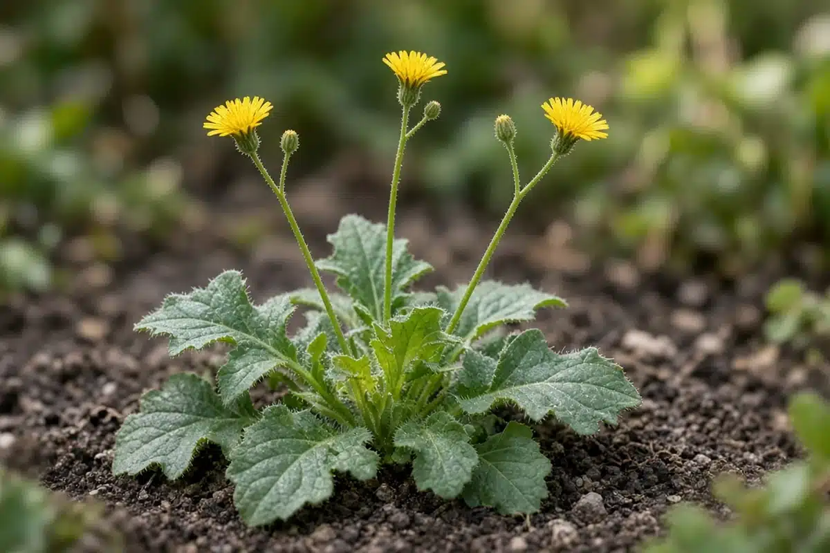 Common catsear rosette of lobed leaves with yellow flowers on wiry stems