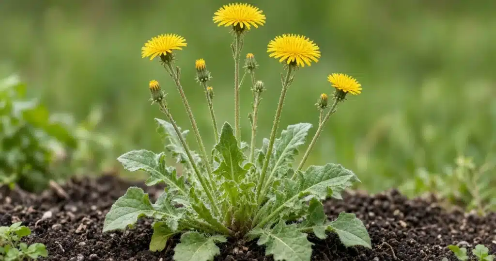 Common catsear with yellow flowers on tall wiry stems in a garden bed
