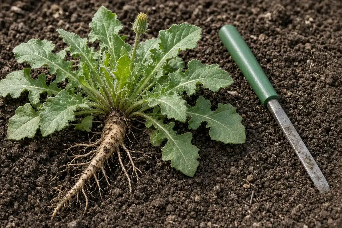 Pulled common catsear rosette with taproot beside a green-handled weeding knife