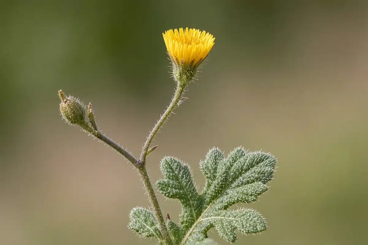 Common catsear yellow flower head on a wiry branched stem above a lobed leaf