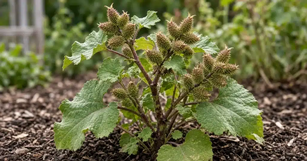 Common cocklebur with large leaves and spiny burs in a garden bed