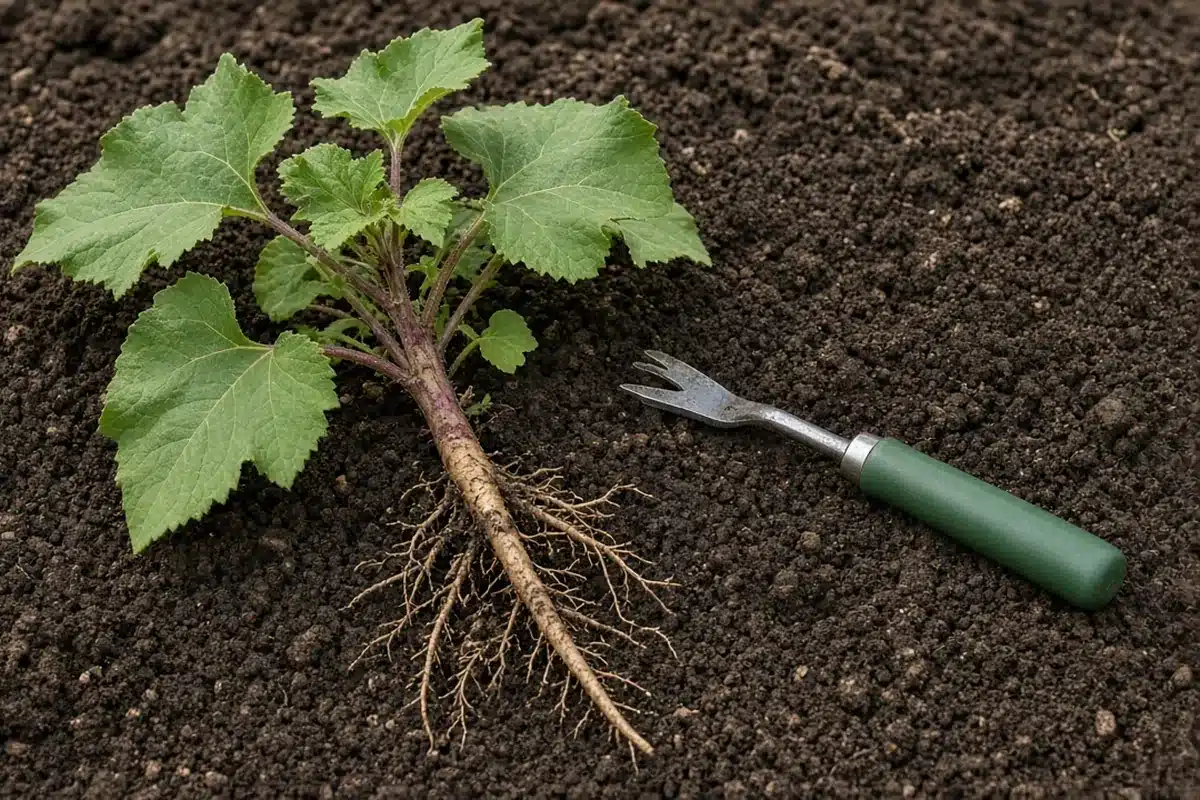Pulled common cocklebur with taproot beside a green-handled weeding fork on soil