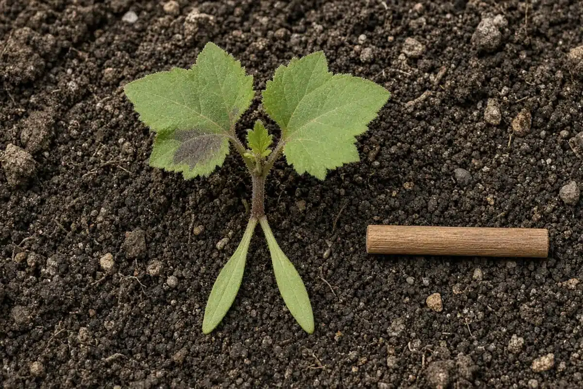 Common cocklebur seedling with broad leaves and narrow seed leaves on soil beside a wooden dowel