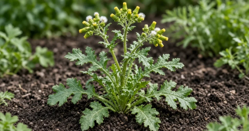 Common groundsel with yellow flower heads and white fluffy seed heads in a cool season garden bed