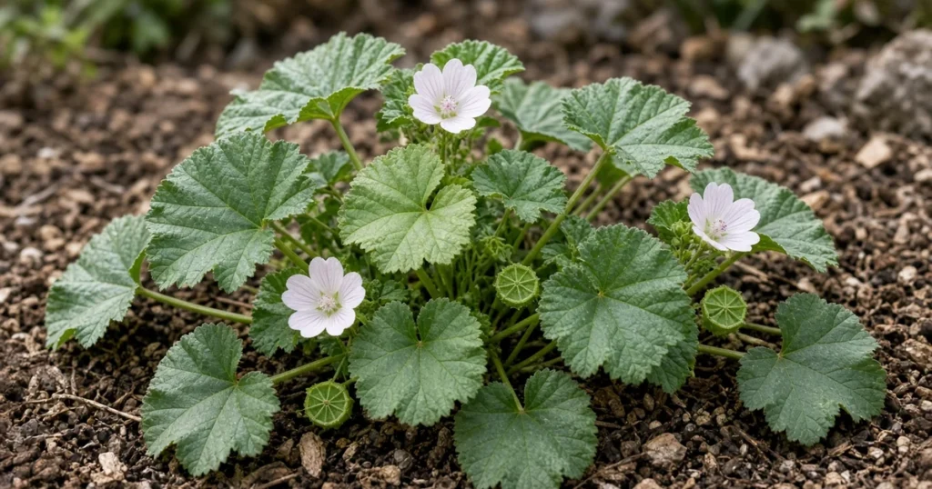 Common mallow with round lobed leaves and small cheese wheel shaped fruits growing in garden soil
