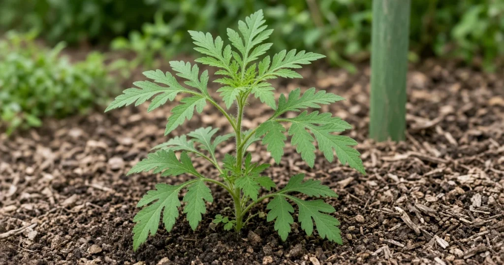 Young common ragweed plant with deeply divided fernlike leaves growing in bare soil at the edge of an outdoor garden bed