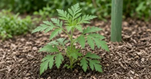Young common ragweed plant with deeply divided fernlike leaves growing in bare soil at the edge of an outdoor garden bed