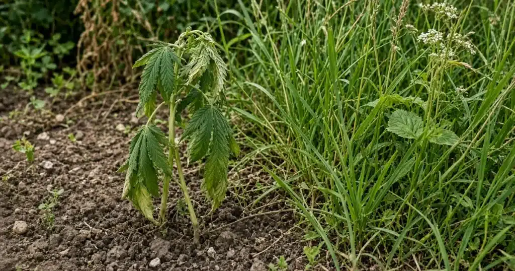 Common stalk borer in cannabis: a wilting young plant next to a grassy garden edge