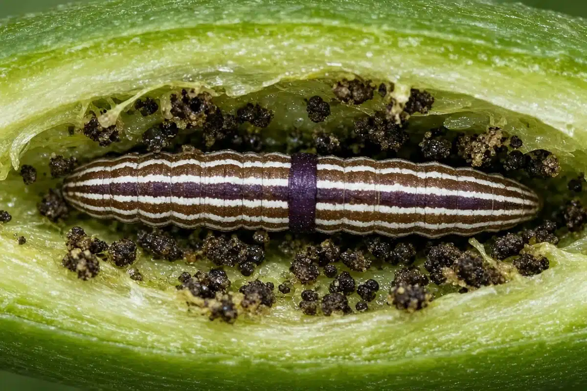 Slender purple and white striped caterpillar inside a split plant stem