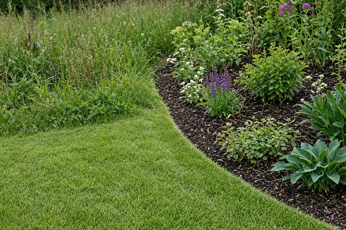 Freshly mowed grass strip between a weedy edge and a garden bed