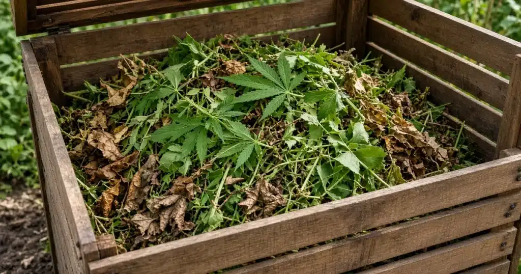 Composting garden waste: a wooden bin layered with green trimmings and brown leaves
