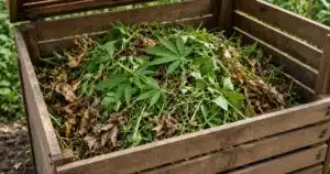Composting garden waste: a wooden bin layered with green trimmings and brown leaves