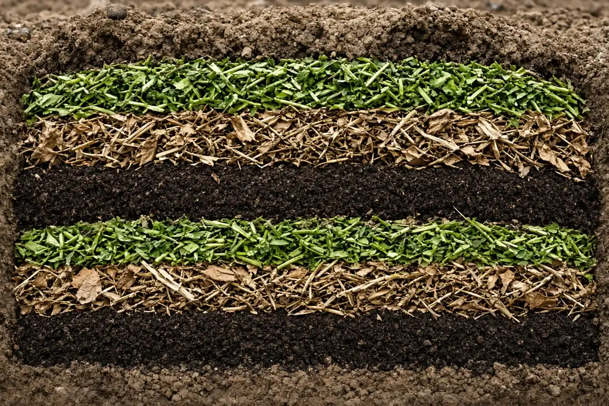 Compost pile showing alternating layers of green and brown material