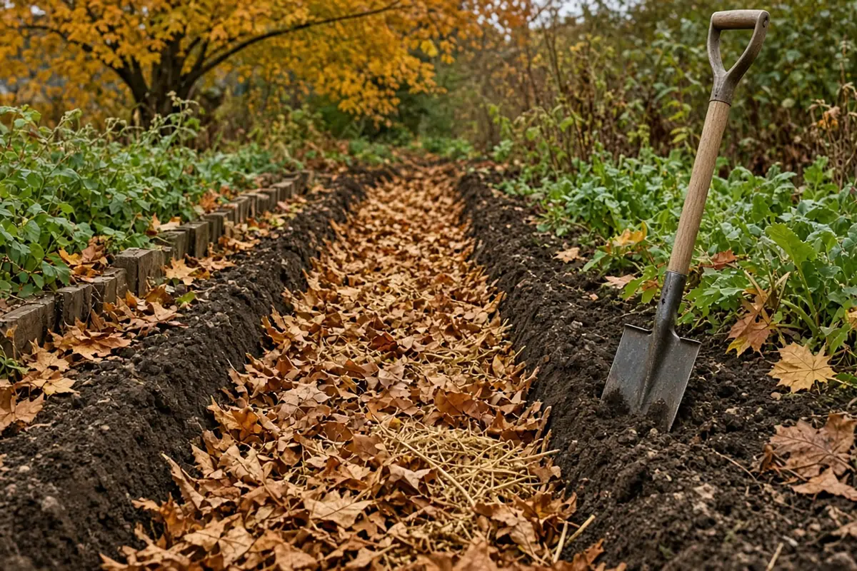 Garden path trench filled with chopped leaves and straw for cold composting