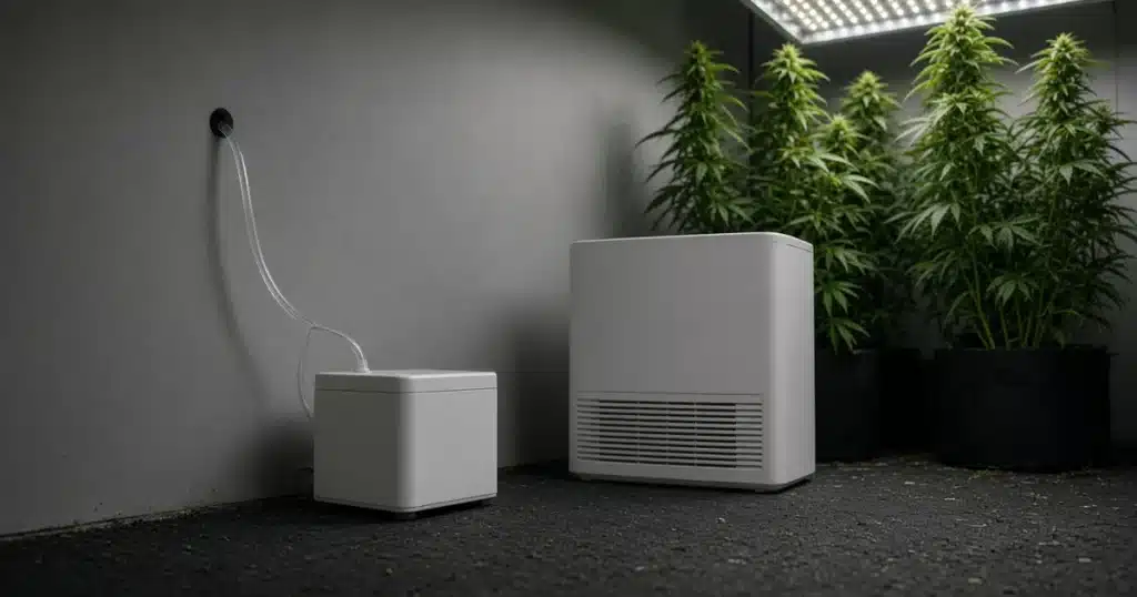 Small white condensate pump with a clear tube running up the wall beside a dehumidifier, with cannabis plants under an LED panel