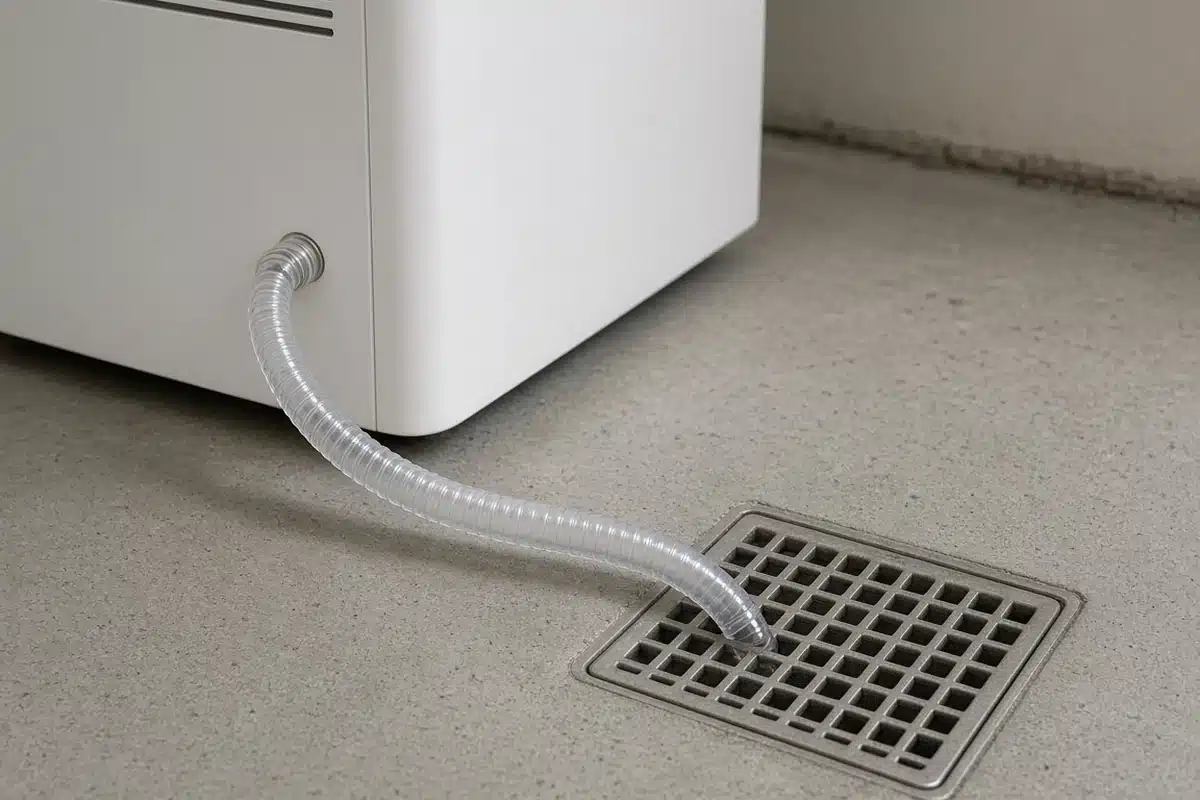 Clear ribbed drain hose running from a white dehumidifier into a square floor drain on concrete