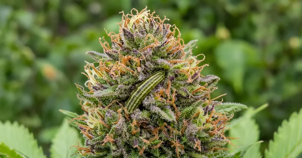 Green corn earworm caterpillar tunneling into an outdoor cannabis cola