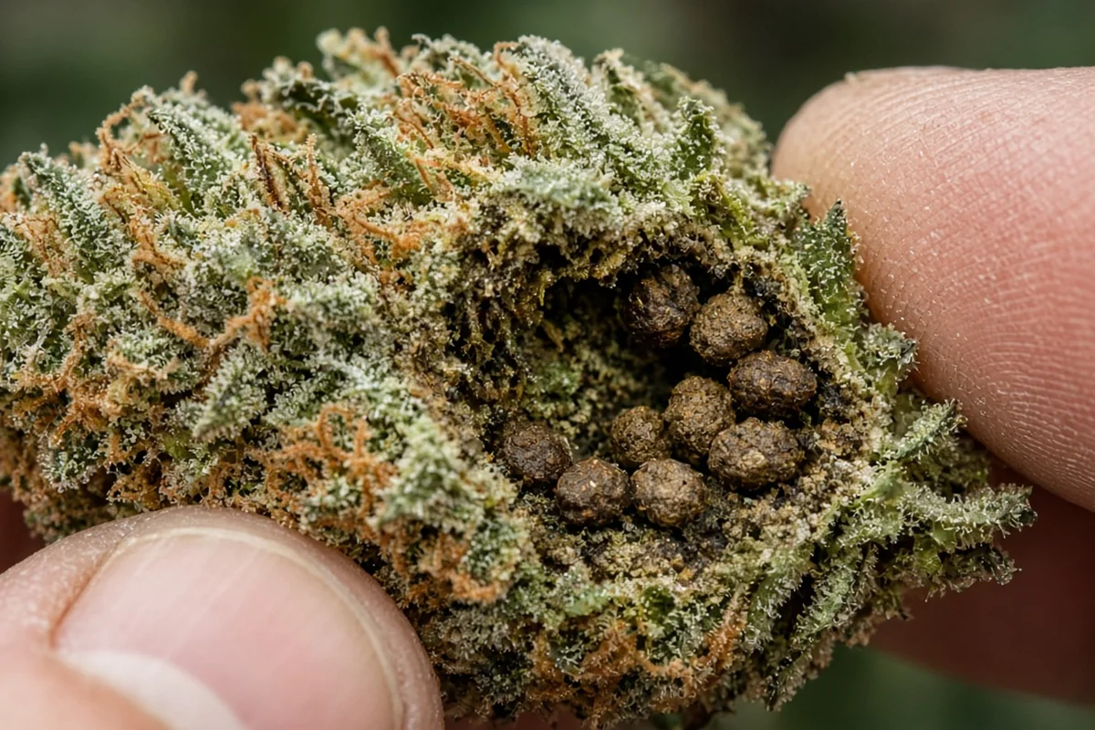Brown frass and a hole inside a cannabis bud spread open by hand