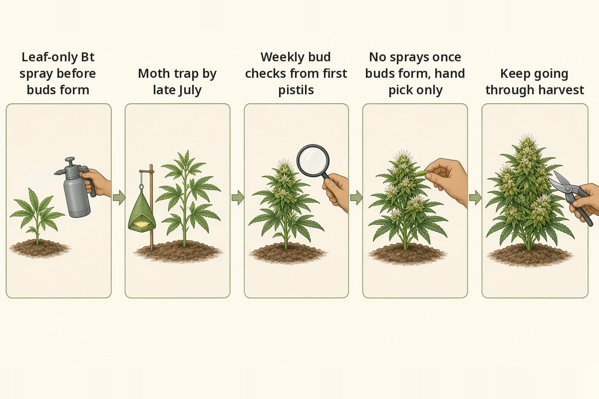 Season timeline for outdoor cannabis showing a leaf spray window before buds form, moth trap setup by late July and weekly bud scouting through harvest