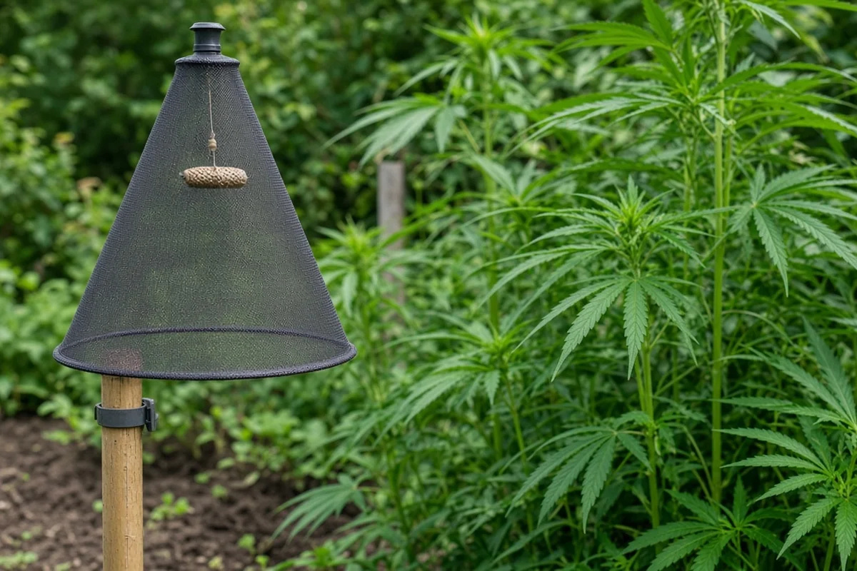 Cone shaped moth trap with a pheromone lure at the edge of a cannabis garden