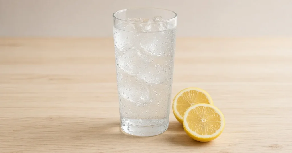 Glass of water with lemon slices on a light table for staying hydrated