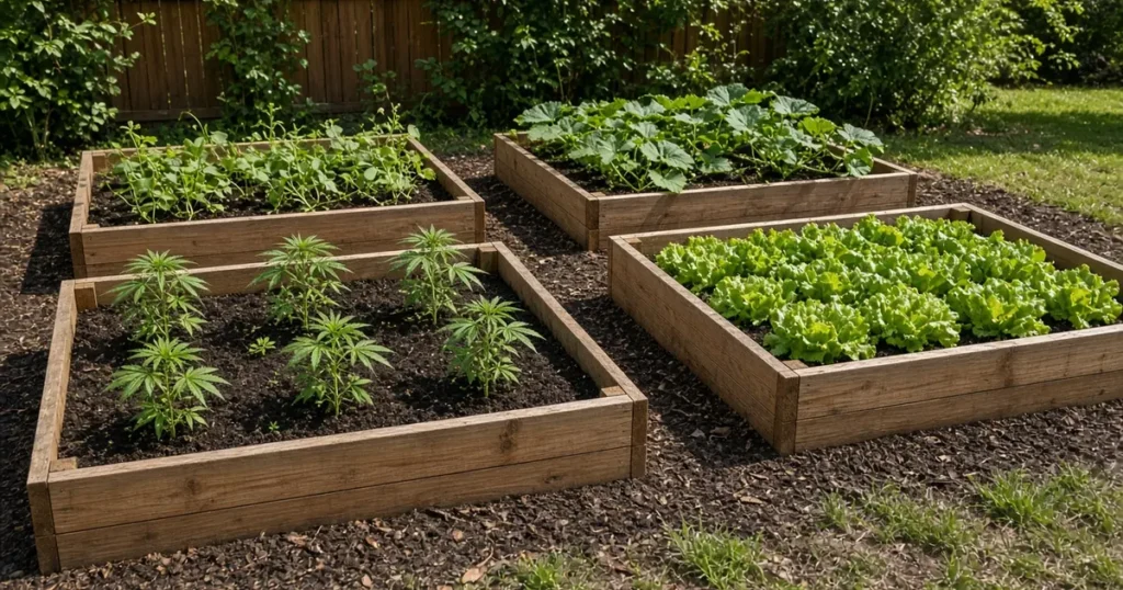 Crop rotation in the garden: four separate raised beds with young cannabis in one bed
