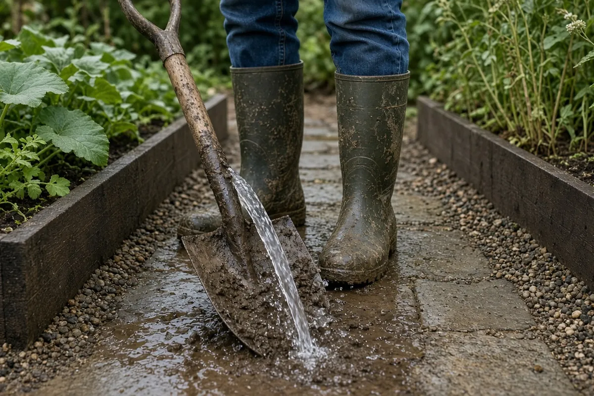 Gardener rinsing soil off a shovel and boots between garden beds