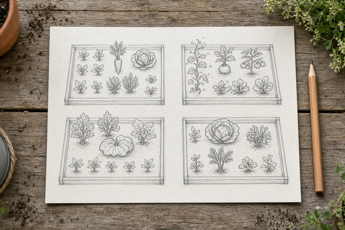 Hand-drawn garden map with four beds labeled A to D for planning rotation
