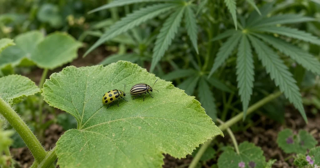 Spotted and striped cucumber beetles on a leaf in a mixed garden with cannabis nearby
