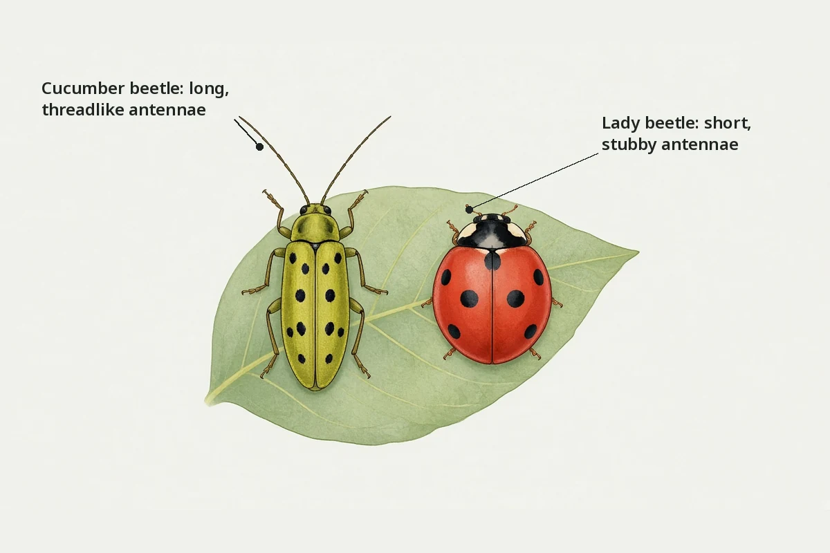 Side by side drawing of a cucumber beetle with long threadlike antennae and a lady beetle with short stubby antennae