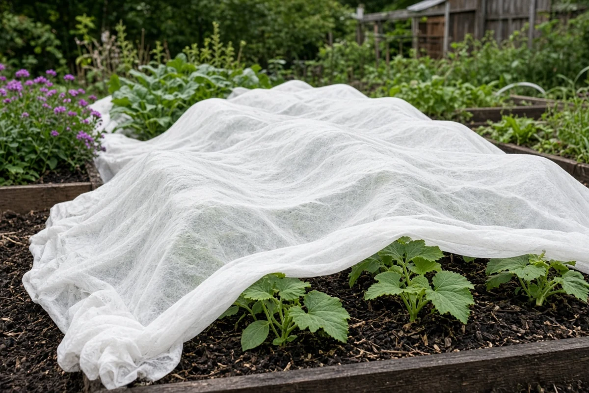 Floating row cover laid over young squash plants right after planting in a mixed garden