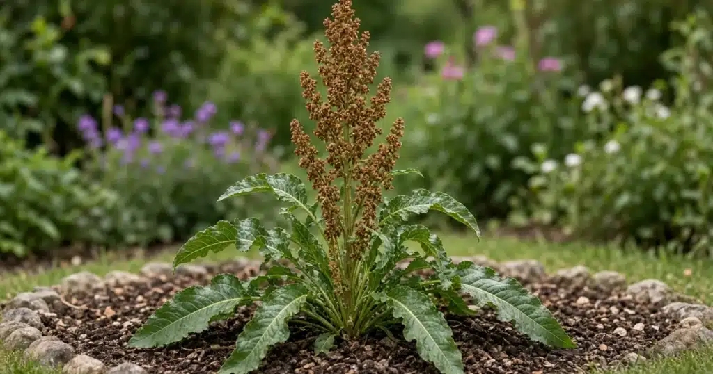 Curly dock with a tall rusty-brown seed stalk in a garden bed