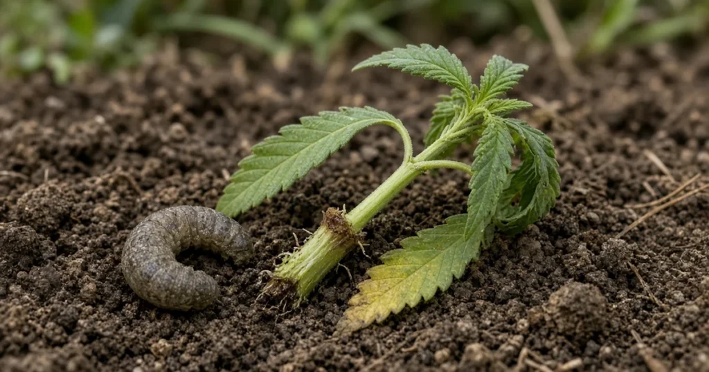 Curled brown cutworm in soil beside a toppled cannabis seedling