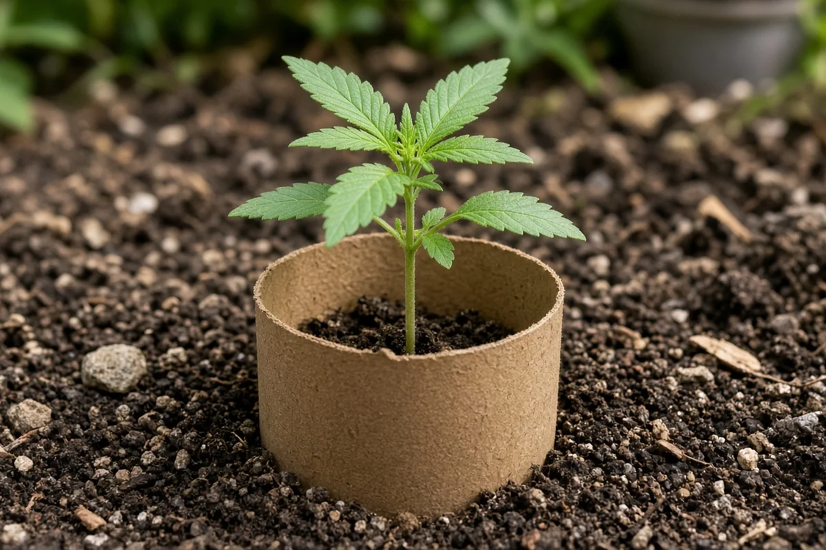 Cardboard tube collar pushed into soil around a cannabis seedling