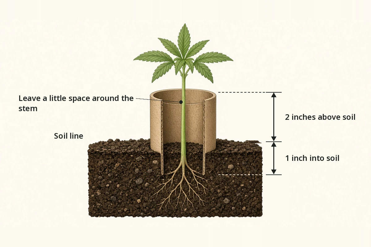 Side view of a collar 1 inch below and 2 inches above the soil line