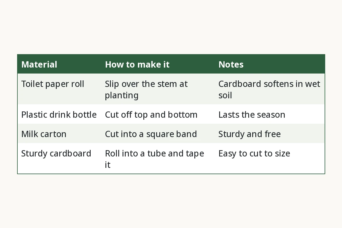Chart of four cutworm collar materials, toilet paper roll, plastic drink bottle, milk carton and sturdy cardboard, with how to make each and a short note, such as the plastic bottle lasting the season