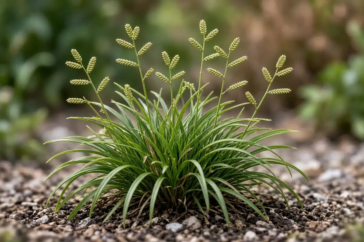 Dallisgrass clump with tall branched seed heads on gravelly soil