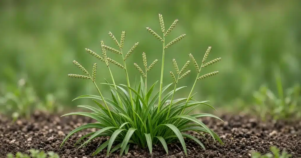 Dallisgrass clump with branched seed heads in a garden bed
