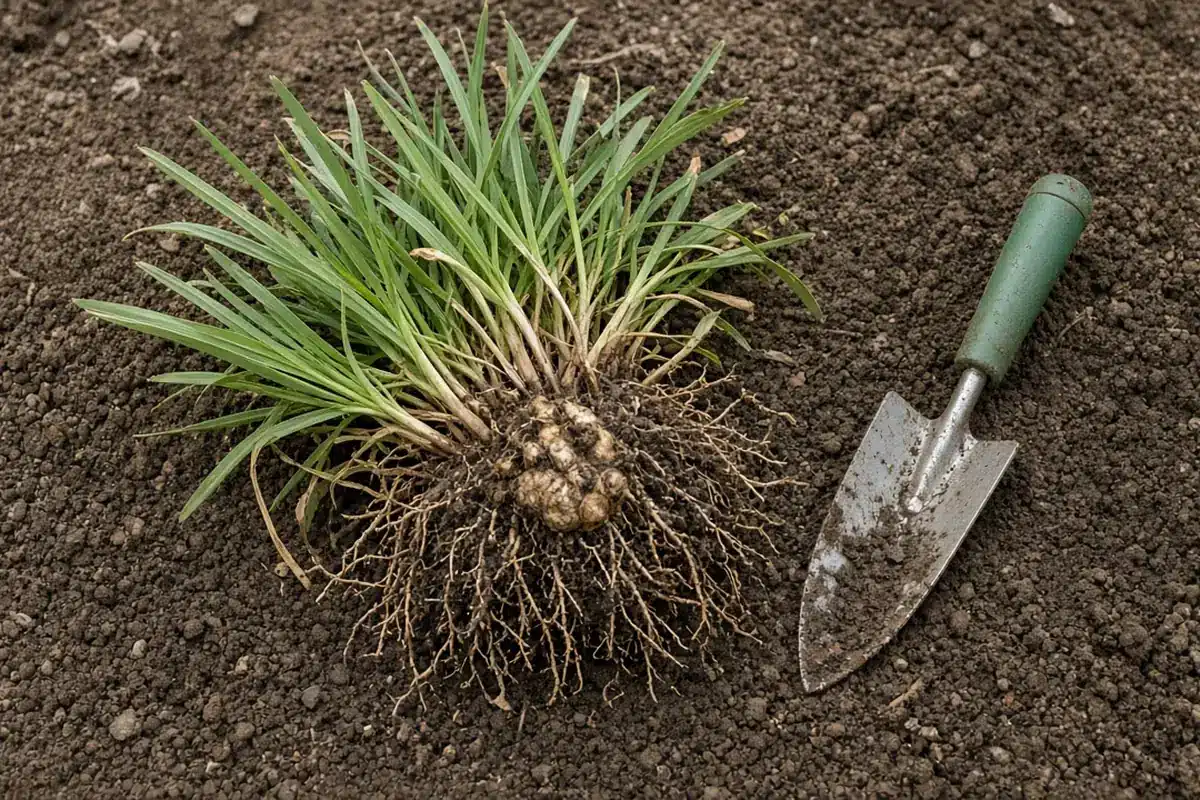 Pulled dallisgrass clump with roots beside a green-handled trowel