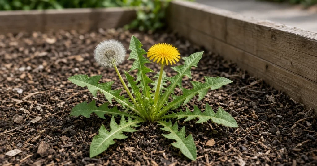 Dandelion rosette with a yellow flower and a white seed head growing in a mulched garden bed