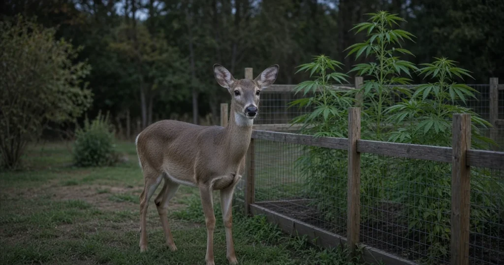 White tailed deer standing beside a fenced backyard cannabis bed at dusk