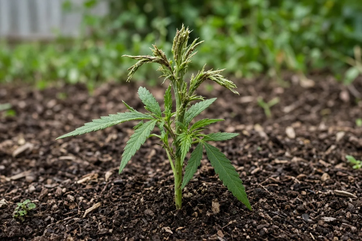 Torn, ragged stem ends on a young cannabis plant after deer browsing