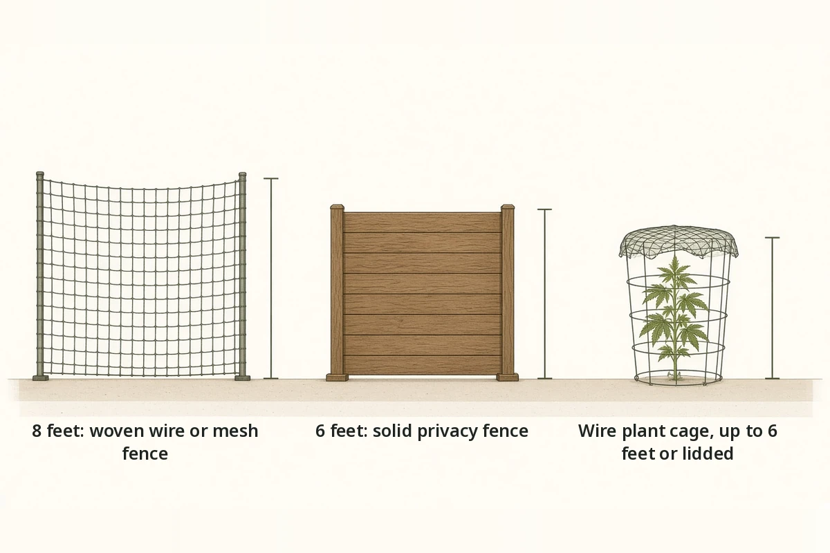 Side view drawing comparing an 8 foot mesh fence, a 6 foot privacy fence and a wire plant cage