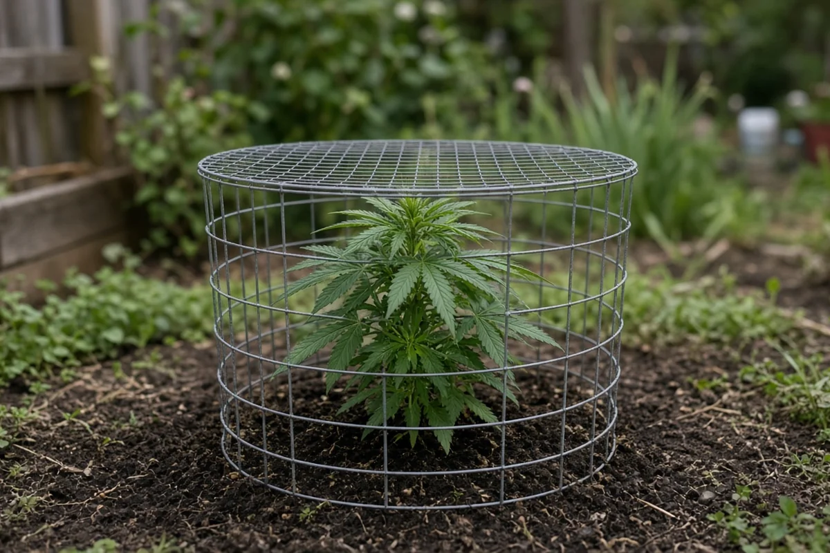 Staked welded wire ring with a netting lid around a single cannabis plant