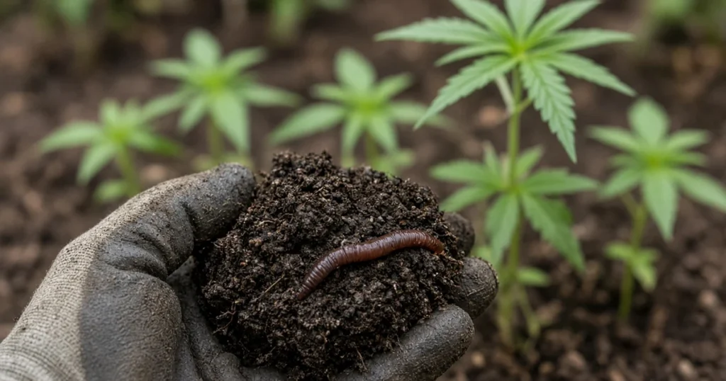 Earthworms in garden soil: a gloved hand holding moist bed soil with an earthworm