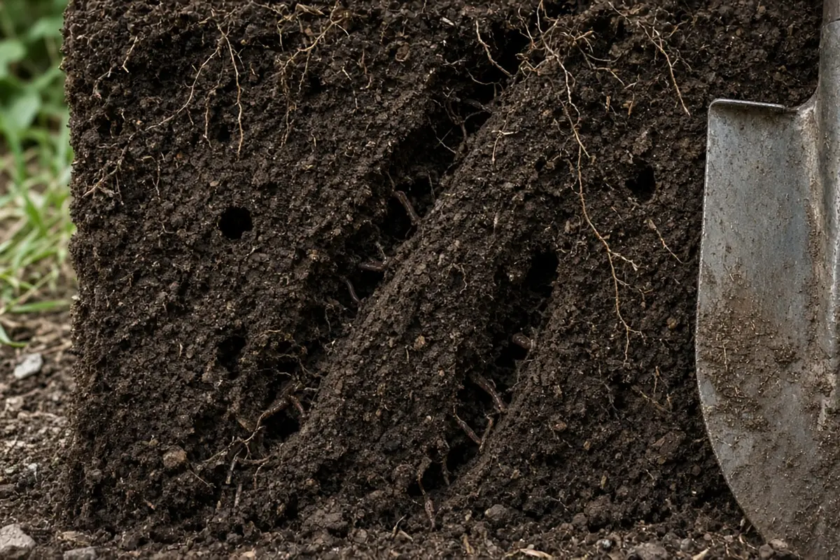 Spade-cut cross-section of garden soil showing earthworm burrows running downward