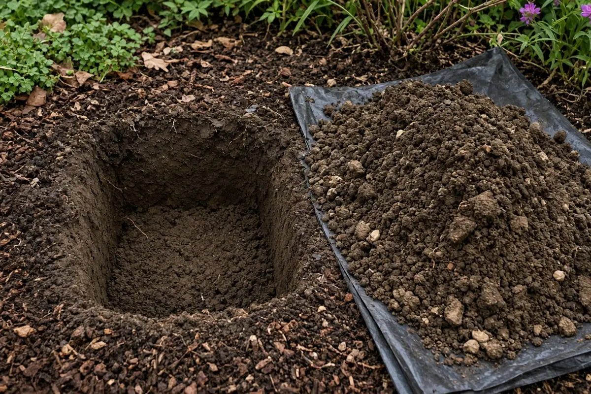 Square hole dug in a garden bed with the soil spread on a tarp for counting worms