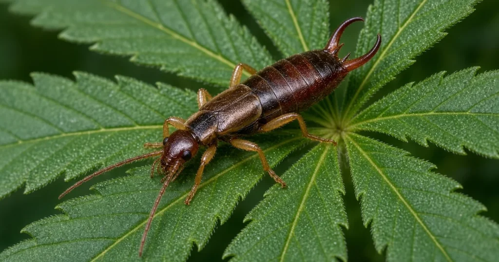Reddish brown earwig with tail pincers on a cannabis leaf