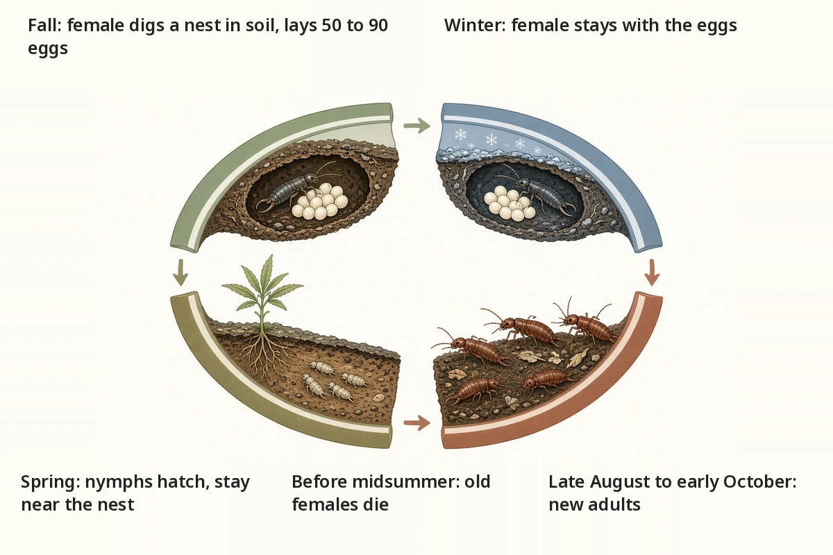 Calendar of earwig nesting in fall, nymphs in spring and new adults in late summer